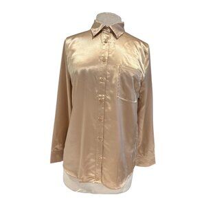Vici Womens Gold Button-Up Long Sleeve Satin Blouse XS